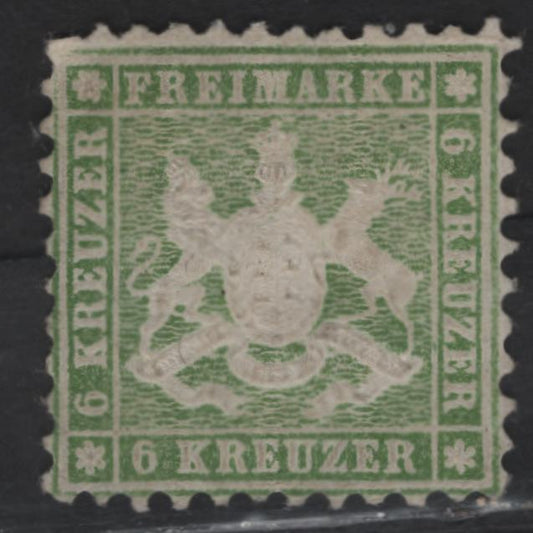 Lot 12 Germany - Wurttemburg SC#32 6kr Green Arms, 1862 Embossed Arms Issue, A Very Fine Unused Single