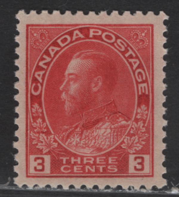 Lot 121 (C) Canada  #109 3c Bright Carmine Red King George V, 1911-1925 Admiral Issue, A VFNH Single, Die 1, Dry Printing, Paper ABN-J, Re-Drawn Frameline, Perf 12x11.9.