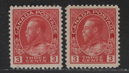 Lot 124 (C) Canada  #109 3c Carmine Red & Bright Carmine Red King George V, 1911-1925 Admiral Issue, 2 F/VFOG Singles, Die 1, Dry Printings, Paper ABN-G, Redrawn Framelines, Perfs 11.9 and 12x11.9.