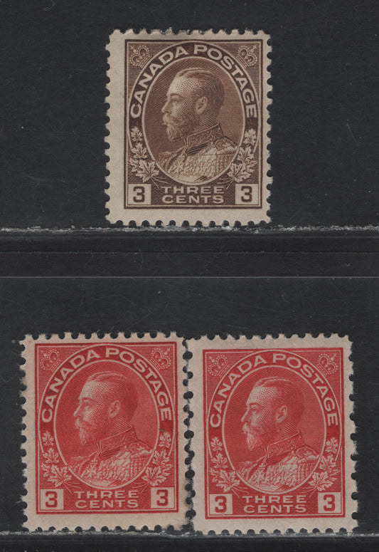 Lot 129 (C) Canada  #108, 109, 184 3c Brown - Carmien Red King George V, 1911-1925 Admiral & Provisional Admiral Issues, 3 FOG Singles, Wet & Dry Printings, Die 1, Papers ABN-E & ABN-F, Perfs 12x8, 11.9x12 & 12x11.95.