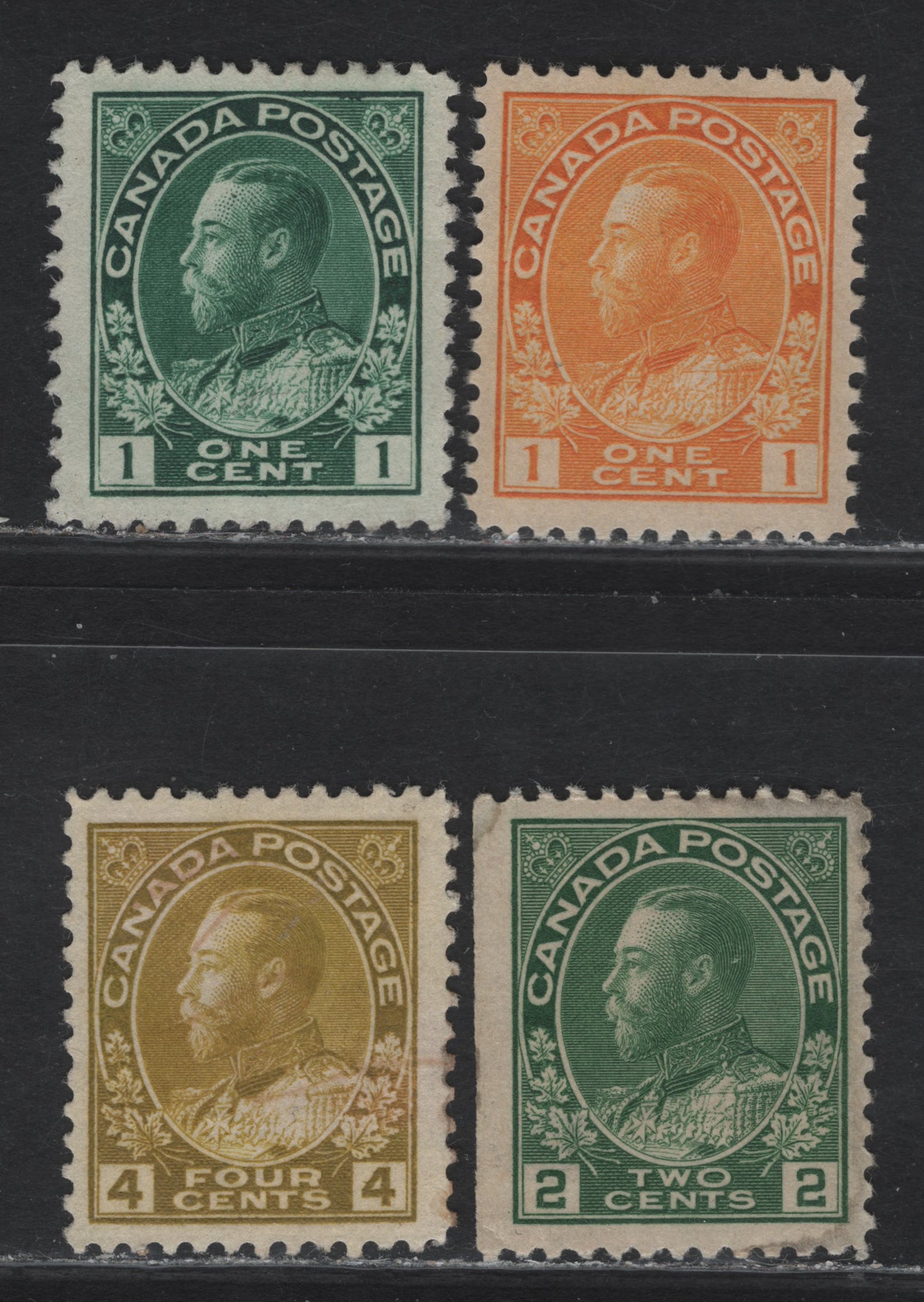 Lot 130 (C) Canada  #104, 105i, 107iv, 110 1c - 4c Dark Green - Olive Bistre King George V, 1911-1925 Admiral Issue, 4 Very Fine Unused Singles, Papers ABN-B, ABN-E & ABN-F, Perfs 12x12, 11.9x12 & 12