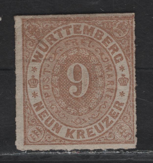 Lot 13 Germany - Wurttemburg SC#51 9kr Light Brown Numeral, 1869-1873 Rouletted Numeral Issue, A FOG Single