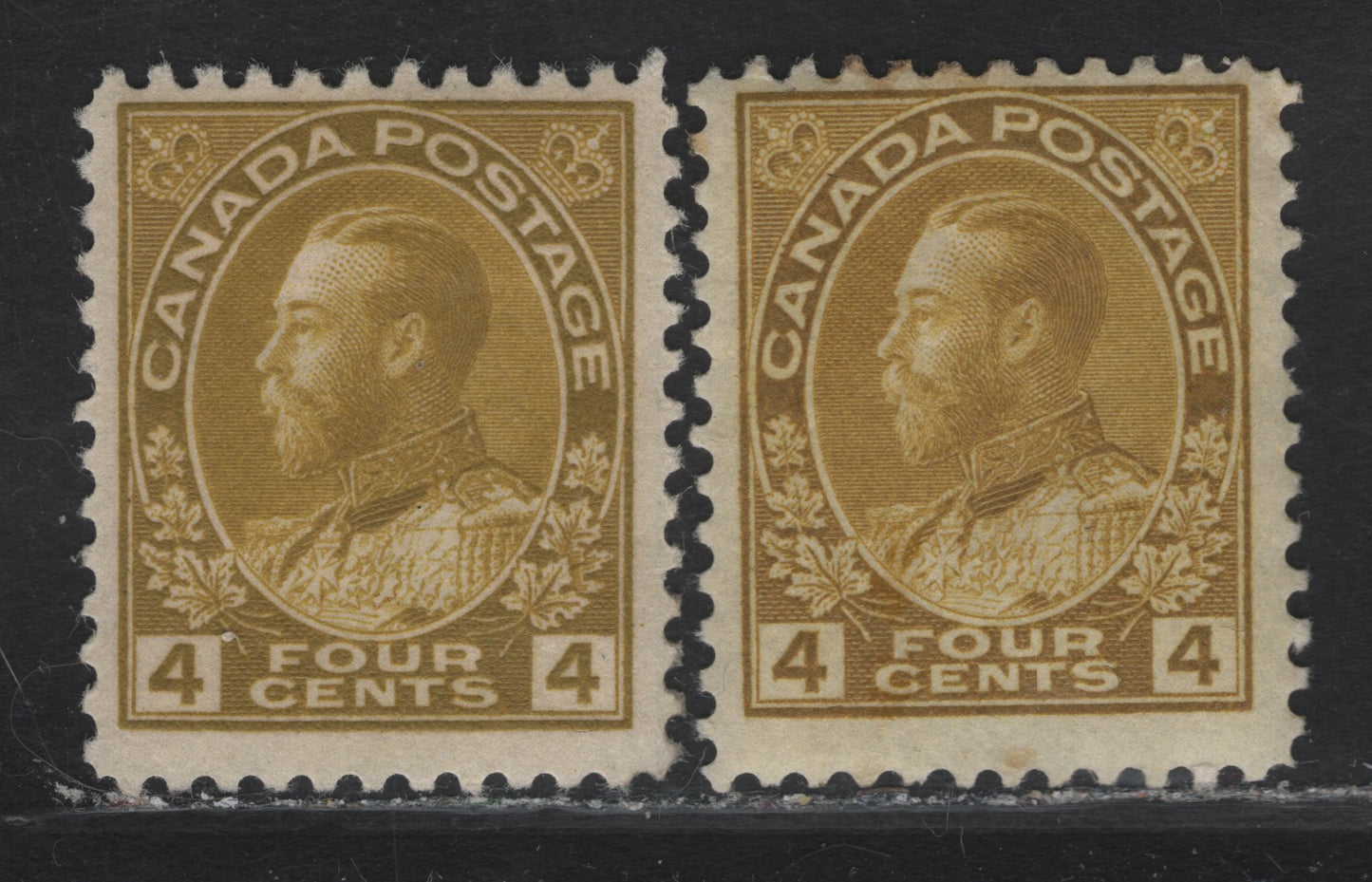 Lot 132 (C) Canada  #110 4c Olive Bistre & Lighter Olive Bistre King George V, 1911-1925 Admiral Issue, 2 FOG Singles, Wet Printings, Papers ABN-A & ABN-E, Retouched Framelines, Perf 12.