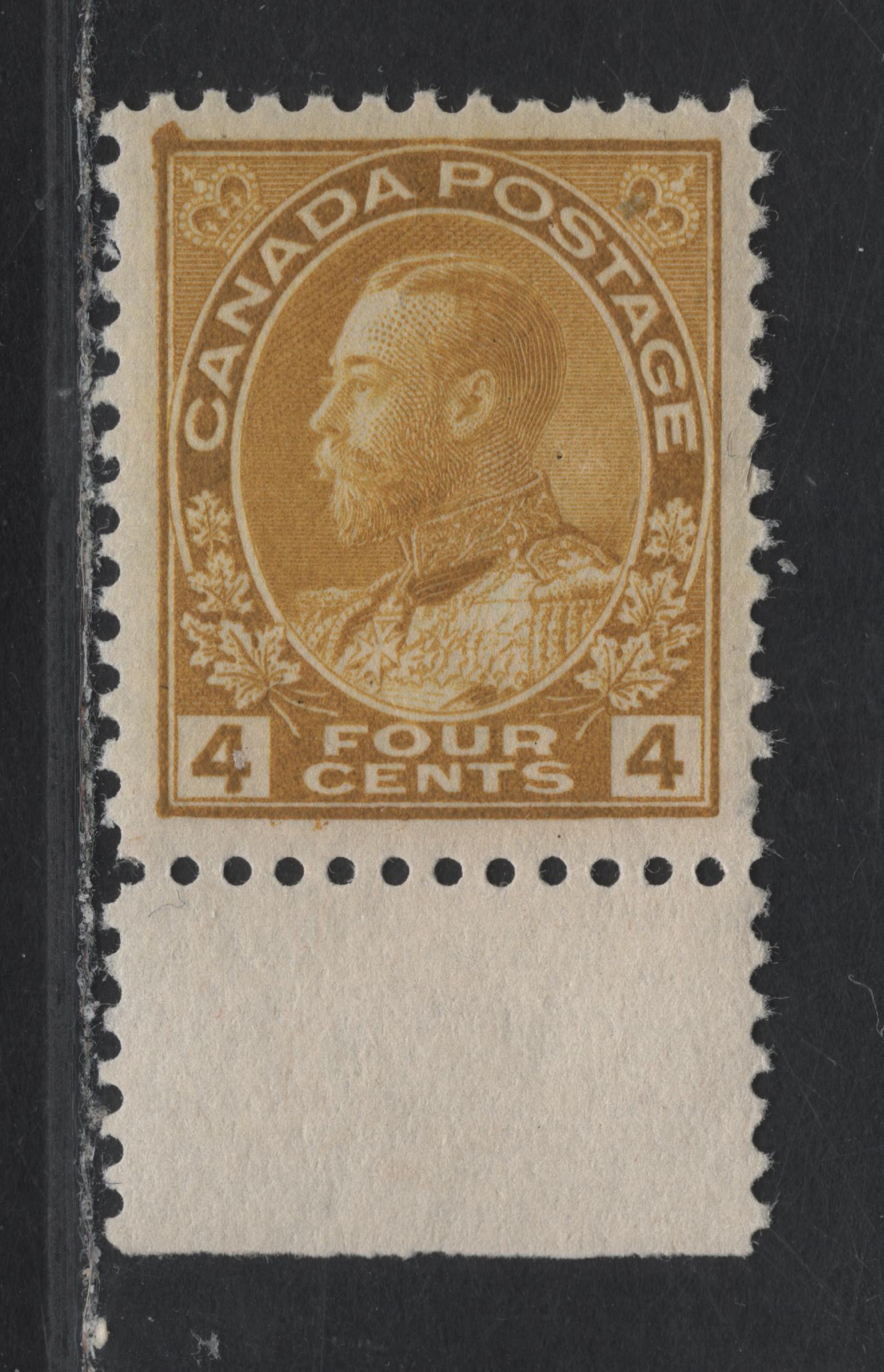 Lot 134 (C) Canada  #110c 4c Golden Yellow King George V, 1911-1925 Admiral Issue, A VFNH Single, Wet Printing, Paper ABN-E, Perf 12x11.95, Retouched Frameline.