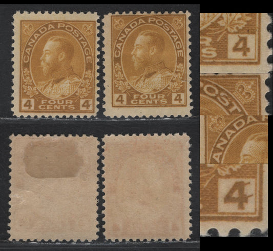 Lot 136 (C) Canada  #110c 4c Deep Golden Yellow King George V, 1911-1925 Admiral Issue, 2 FOG Singles, Slightly Different Shades, Wet Printings, Paper ABN-E, Significant Spurs Of Ink & Breaks In Letters, Perfs 12.1x12 & 12x11.9.