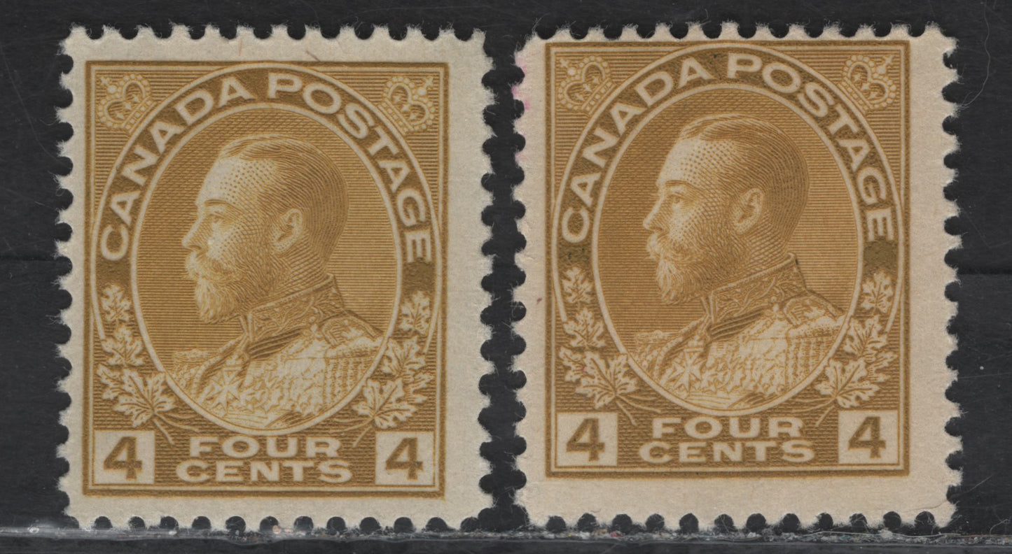 Lot 140 (C) Canada  #110d 4c Dull Olive Yellow King George V, 1911-1925 Admiral Issue, 2 FOG Singles, Dry Printings, Papers ABN-M & ABN-TTT, Redrawn Frameline, Perf 12.