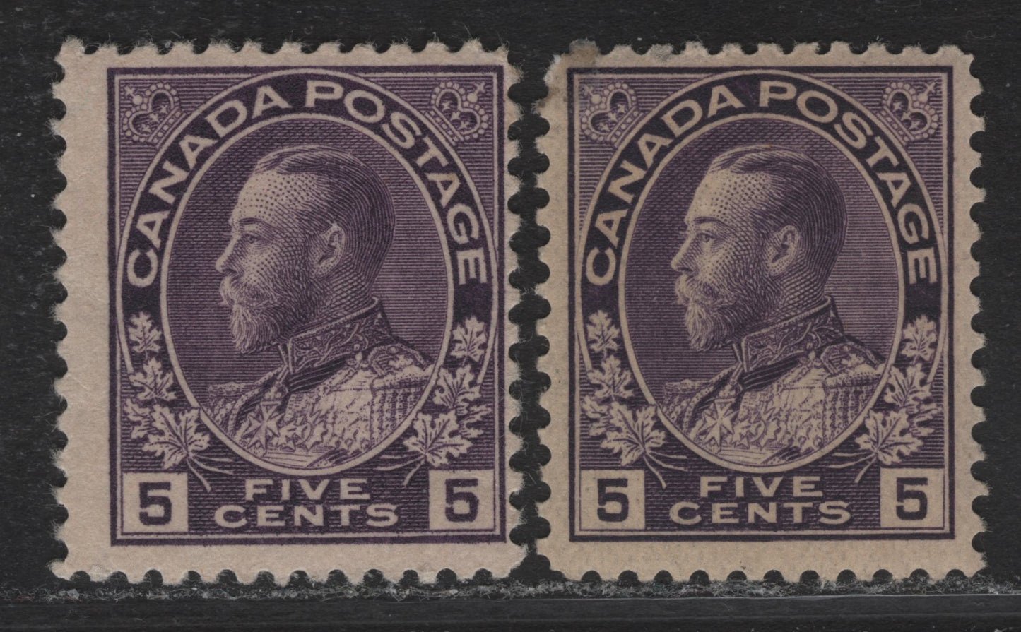 Lot 148 (C) Canada  #112a, 112c 5c Blackish Lilac & Deep Rose Lilac King George V, 1911-1925 Admiral Issue, 2 FOG Singles, Wet Printing On Paper ABN-NNN, Dry Printing On paper ABN-J, Redrawn Frameline, Perfs 11.9x12 & 11.9.