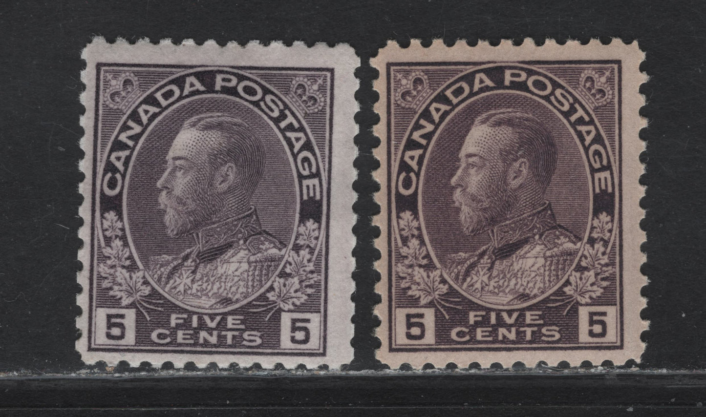 Lot 154 (C) Canada  #112i 5c Deep Grayish Rose Lilac & Deep Gray Lilac King George V, 1911-1925 Admiral Issue, 2 FOG Singles, Wet Printings, Normal Framelines, Papers ABN-E & ABN-UUU, Perf 12.