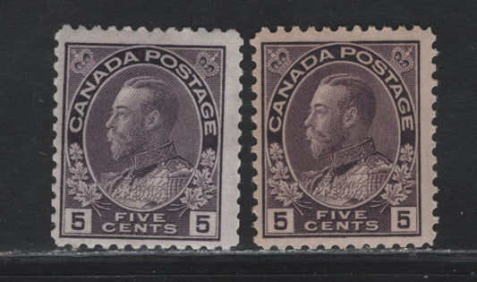 Lot 154 (C) Canada  #112i 5c Deep Grayish Rose Lilac & Deep Gray Lilac King George V, 1911-1925 Admiral Issue, 2 FOG Singles, Wet Printings, Normal Framelines, Papers ABN-E & ABN-UUU, Perf 12.