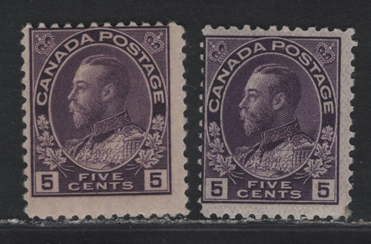 Lot 158 (C) Canada  #112a, 112c 5c Deep Rose Lilac King George V, 1911-1925 Admiral Issue, A VGNH Single, Wet & Dry Printings, Papers ABN-WWW (Wet) & ABN-G (Dry), Perfs 12x11.9 & 11.9x11.8.