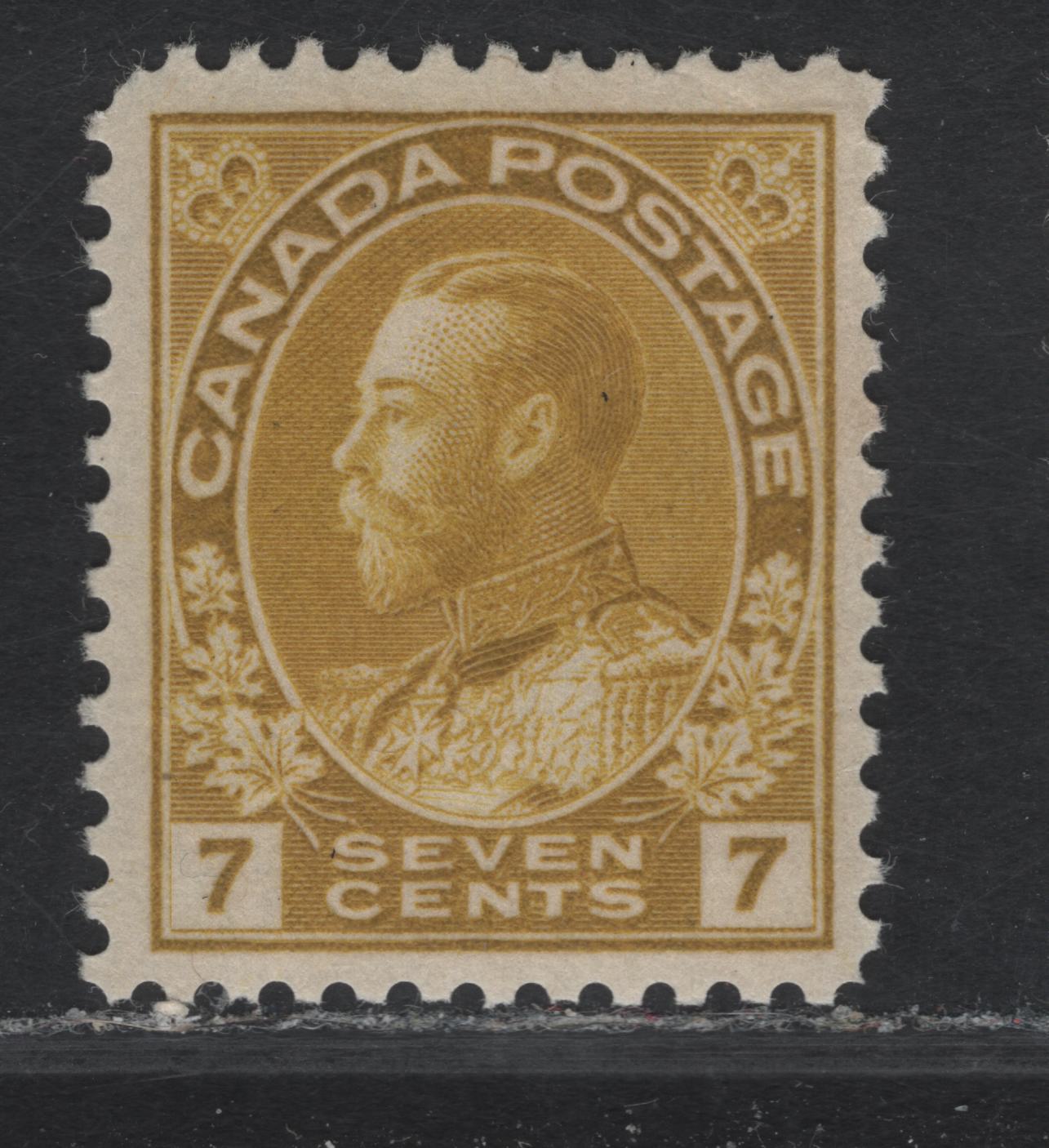 Lot 164 (C) Canada  #113a 7c Bright Olive Bistre King George V, 1911-1925 Admiral Issue, A FOG Single, Paper ABN-E, Normal Frameline, Perf 12x11.9.