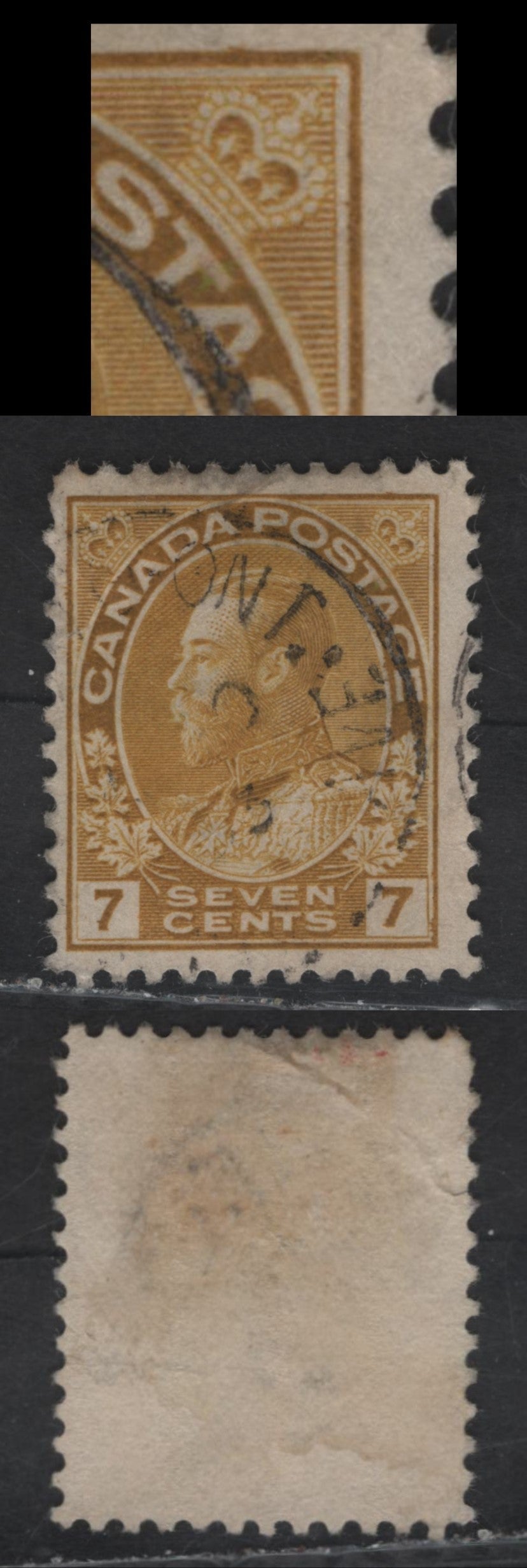 Lot 169 (C) Canada  #113iii 7c Yellow Ochre King George V, 1911-1925 Admiral Issue, A Fine Used Single, Paper ABN-E, Retouched Frameline, Perf 11.9, Small Tear In Left Margin.
