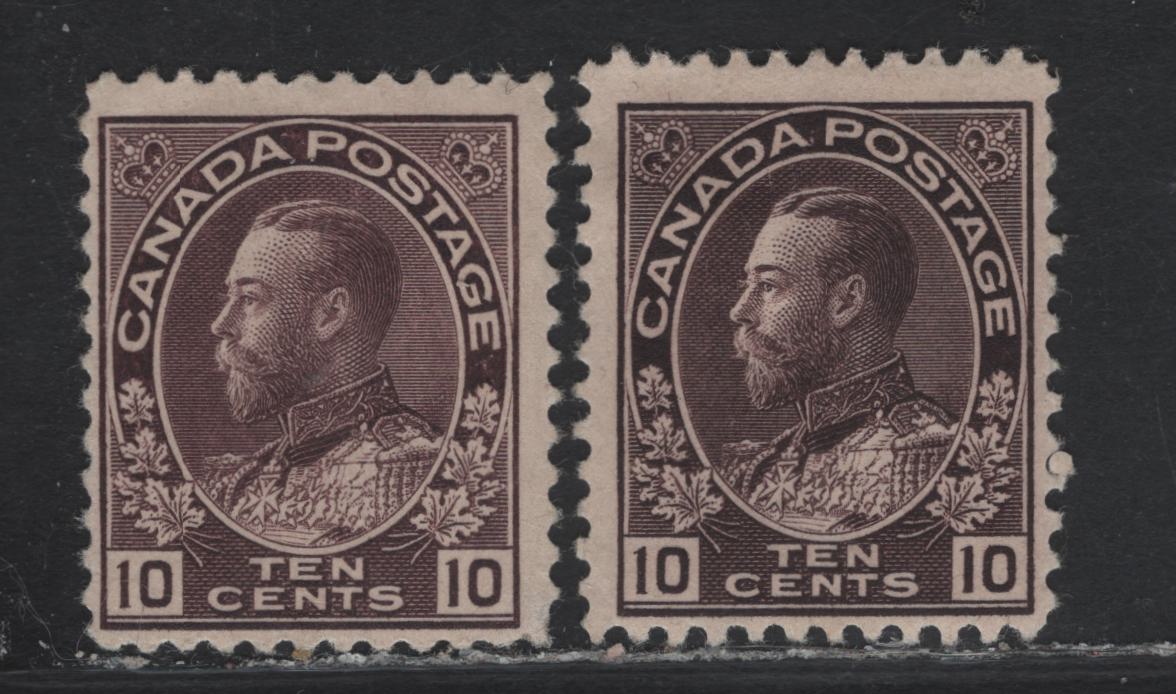 Lot 182 (C) Canada  #116a 10c Blackish Plum & Pale Plum King George V, 1911-1925 Admiral Issue, 2 FOG Singles, Paper ABN-A, Normal Frameline, Perfs 11.9 & 11.9x12, Early Printings.