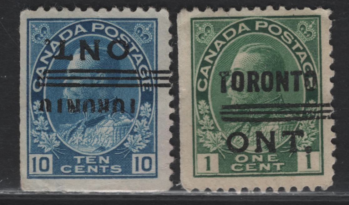 Lot 190 (C) Canada  #104xx, 117xx 1c - 10c Dark Green - Deep New Blue King George V, 1911-1925 Admiral Issue, 2 Very Good/Fine Used Singles, Wet Printing, Different Toronto Style 7 Precancel Varieties