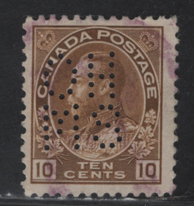 Lot 197 (C) Canada  #O8-118 10c Bistre Brown King George V, 1911-1925 Admiral Issue, A Fine Used Single, Dry Printing, Paper ABN-F, Perf 11.9x12, 5Hole OHMS Perfin From Position 1.