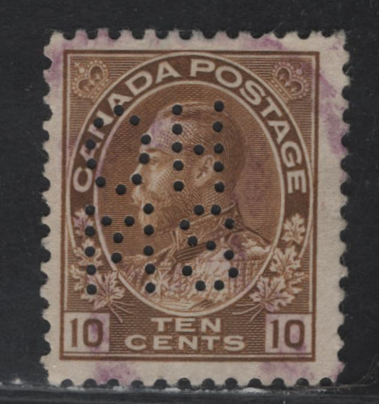 Lot 197 (C) Canada  #O8-118 10c Bistre Brown King George V, 1911-1925 Admiral Issue, A Fine Used Single, Dry Printing, Paper ABN-F, Perf 11.9x12, 5Hole OHMS Perfin From Position 1.