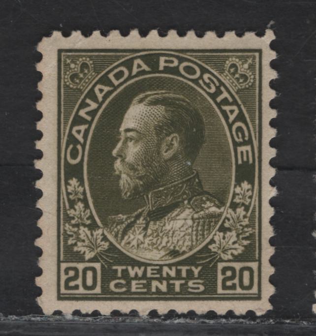 Lot 203 (C) Canada  #119c 20c Deep Olive Green King George V, 1911-1925 Admiral Issue, A FOG Single, Wet Printing, Paper ABN-E, Normal Frameline, Perf 12x11.9.