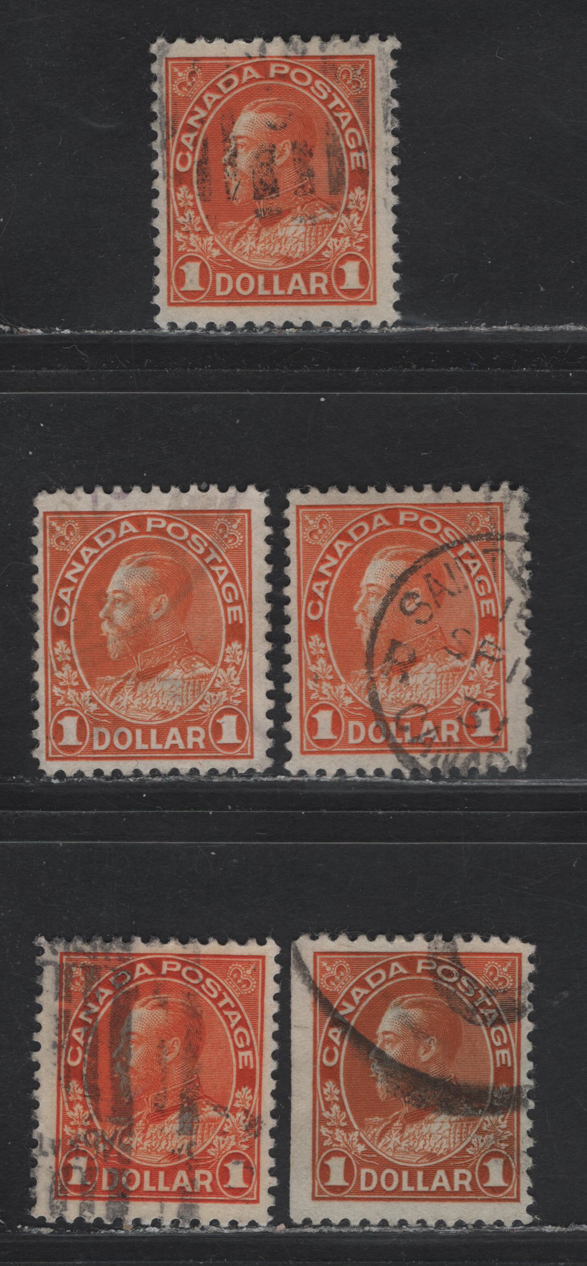 Lot 214 (C) Canada  #122, 122a, 122iv $1 Orange - Deep Orange King George V, 1911-1925 Admiral Issue, 5 Fine Used Singles, Wet & Dry Printings, Different Papers & Perfs