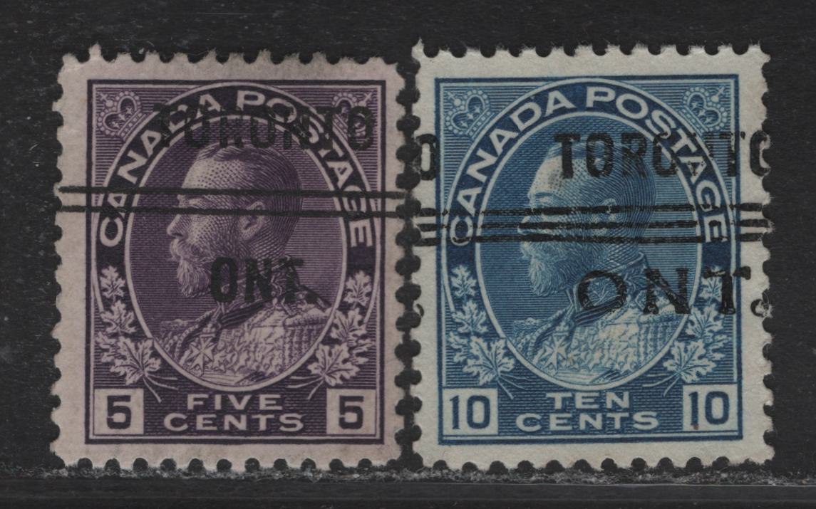 Lot 217 (C) Canada  #112axx, 117axx 5c - 10c Dark Rose Lilac - Blue King George V, 1911-1925 Admiral Issue, 2 Fine/Very Fine Precancelled Singles, Toronto Style 7 & 10 Precancels, 5c is On the Thin Experimental Paper (ABN-NNN)