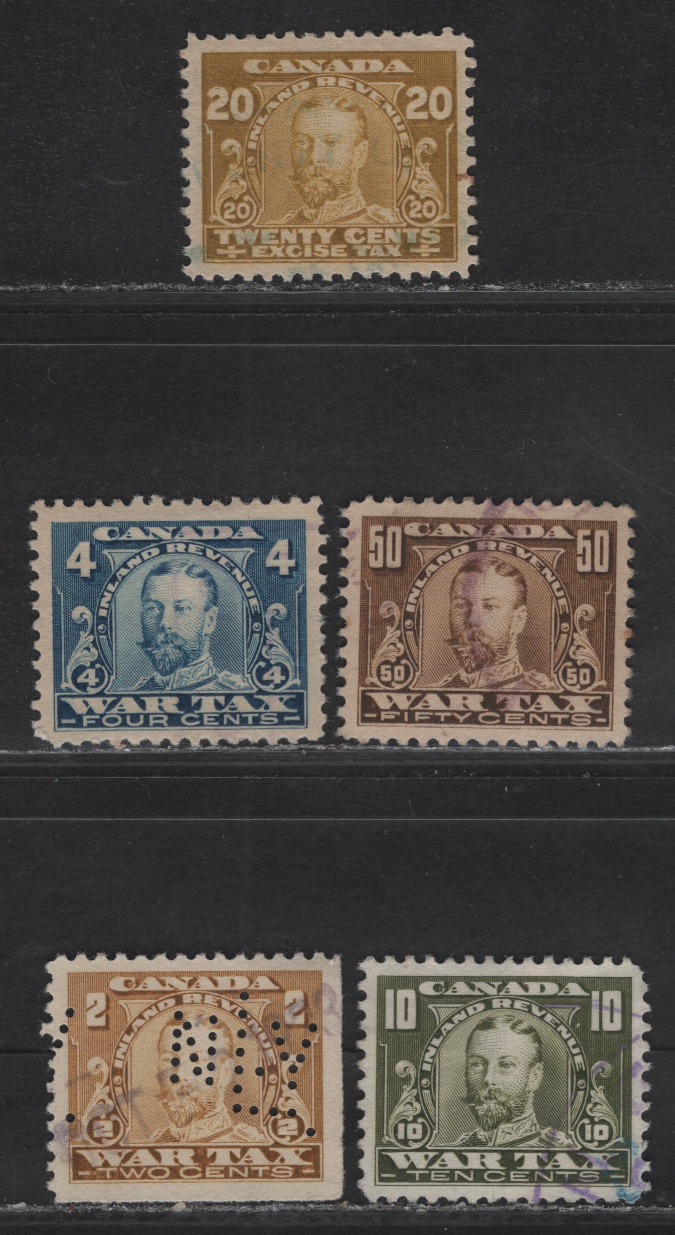 Lot 222 (C) Canada  #FWT8, FWT10, FWTB, FWT16, FX7 2c - 50c Yellow Brown - Brown King George V, 1915-1920 War & Excise Tax Issues, 5 Very Fine Used Singles, 2c Has A Vancouver BC New York Life Insurance Perfin