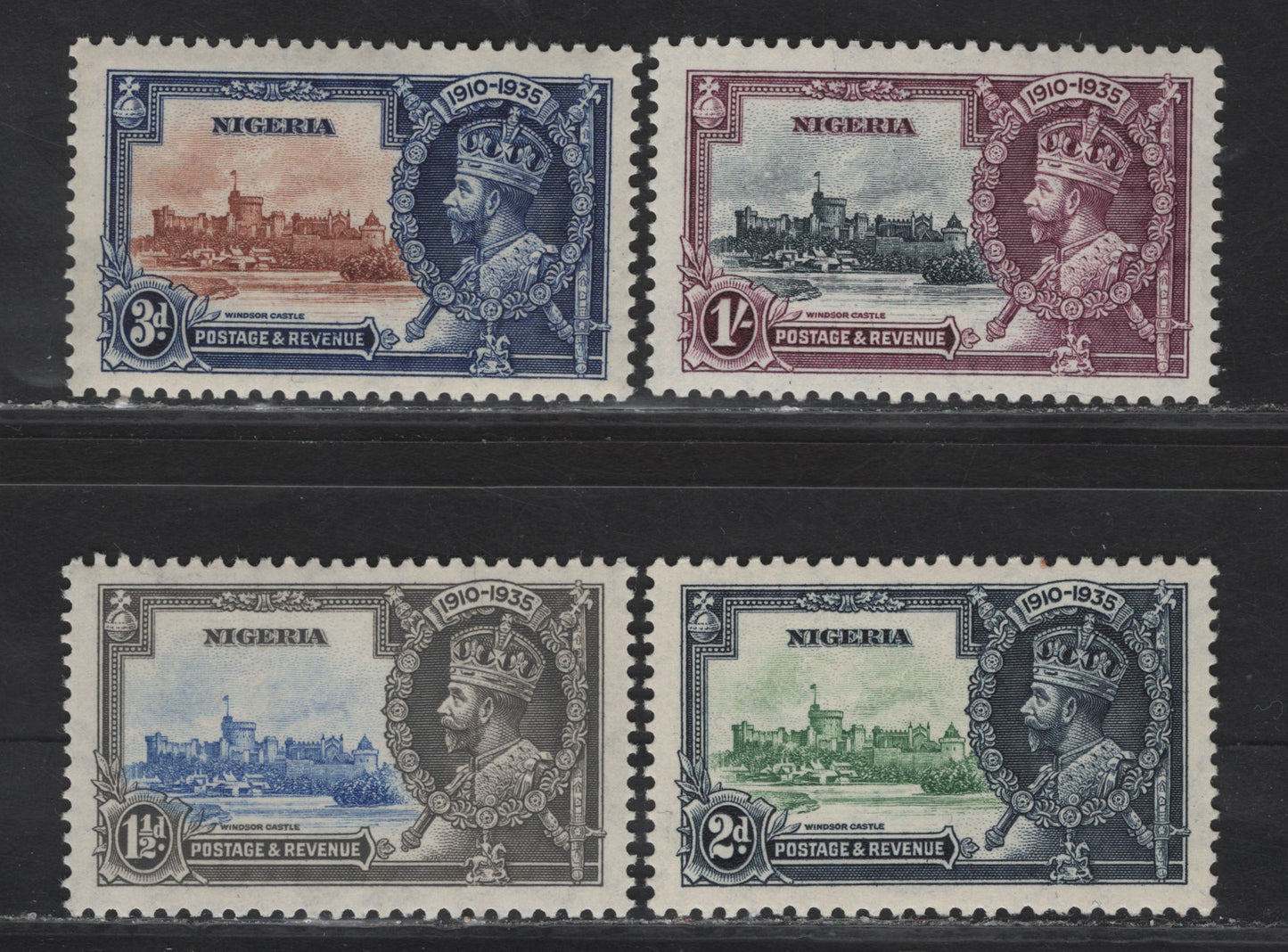 Lot 223 Nigeria SG#30-33 1.5d - 1/- Ultramarine & Gray -Slate & Purple KGV & Windsor Castle, 1935 Silver Jubilee Issue, 4 VFNH Singles, Basic NH Set