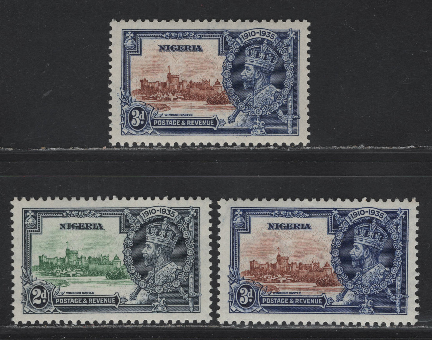 Lot 224 Nigeria SG#31-32 2d - 3d Green & Indigo - Brown & Deep Blue KGV & Windsor Castle, 1935 Silver Jubilee Issue, 3 VFNH Singles, Two Shades of 3d