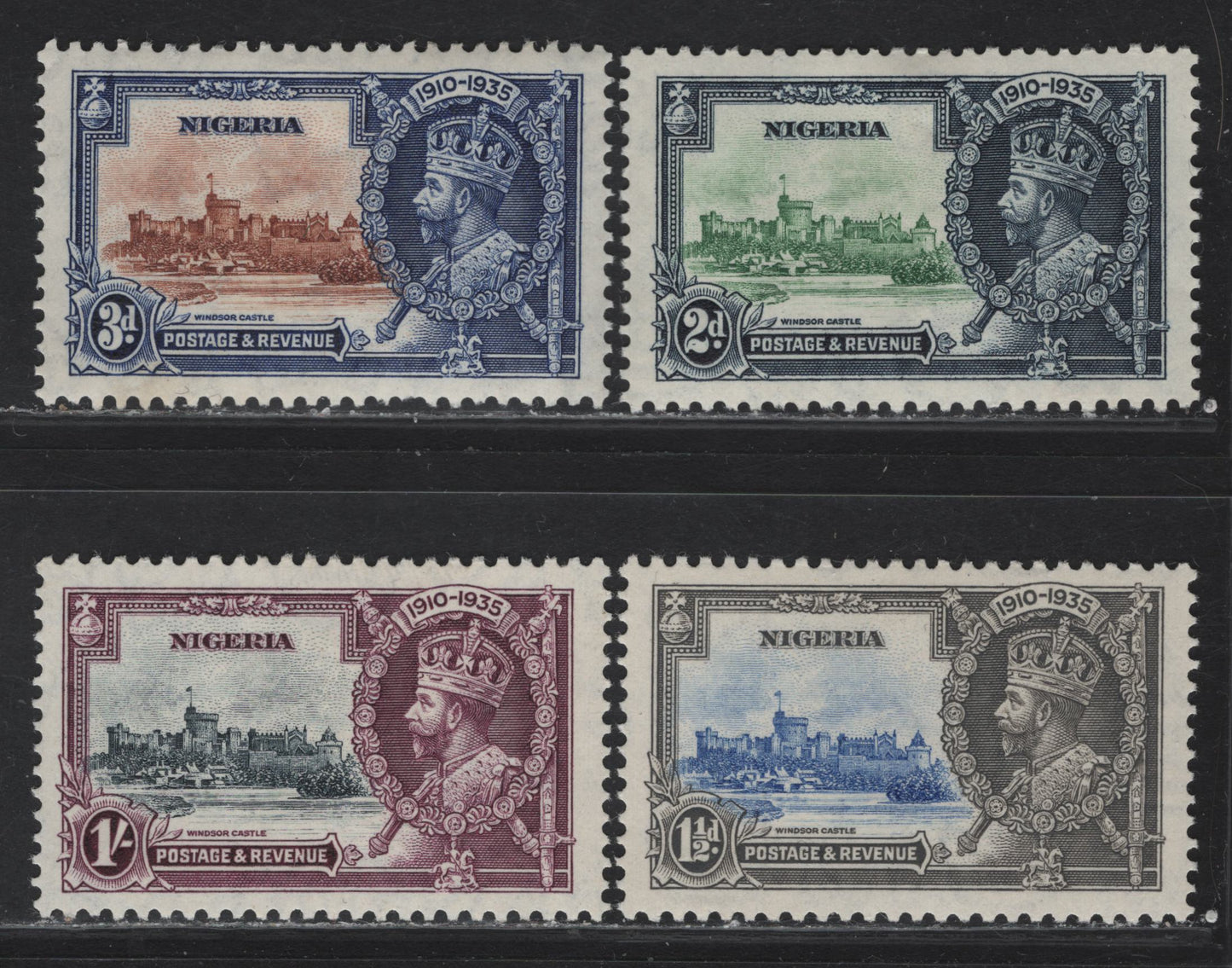 (C) Nigeria SG#30-33 1.5d - 1/- Ultramarine & Gray -Slate & Purple KGV & Windsor Castle, 1935 Silver Jubilee Issue, 4 VFOG Singles, Basic Hinged Set