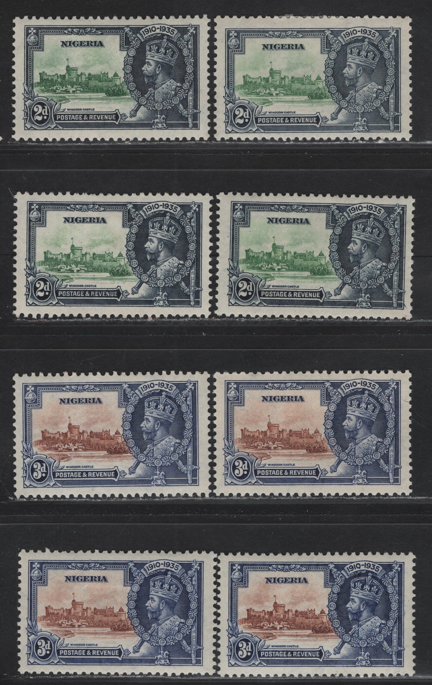 Lot 226 Nigeria SG#31-32 2d - 3d Green & Indigo - Brown & Deep Blue KGV & Windsor Castle, 1935 Silver Jubilee Issue, 8 VFOG Singles, Shade Group, Showing 4 Shades of Each Stamp, Variations That Occue With Each Color.