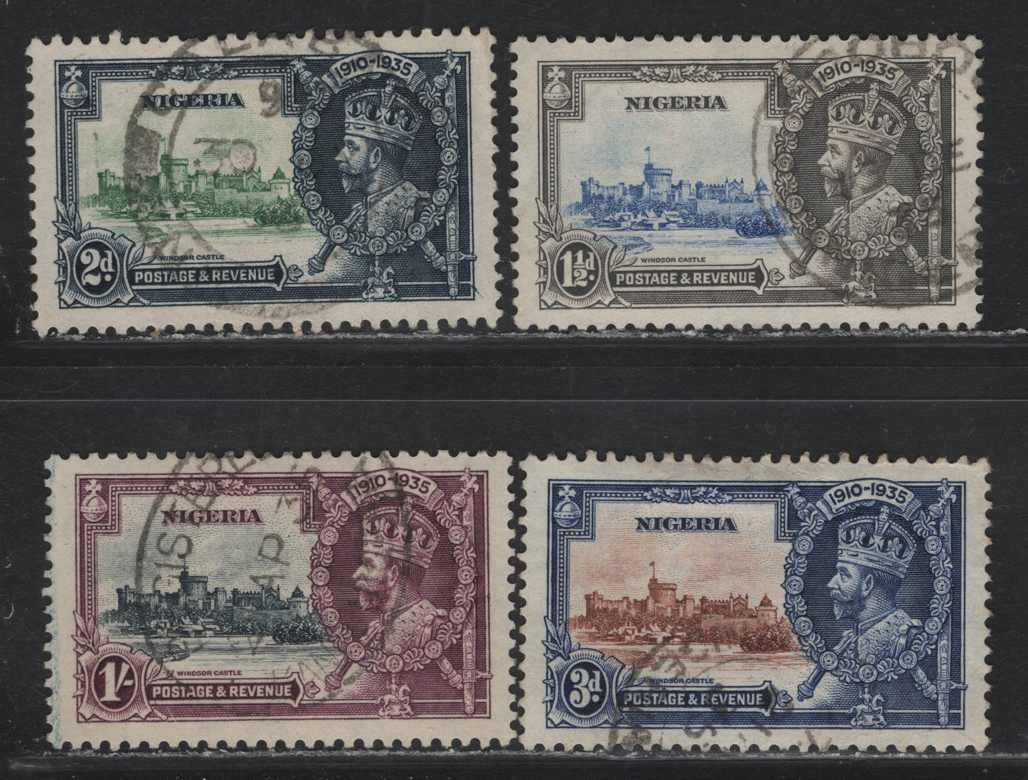 Nigeria SG#30-33 1.5d - 1/- Ultramarine & Gray -Slate & Purple KGV & Windsor Castle, 1935 Silver Jubilee Issue, 4 Very Fine Used Singles