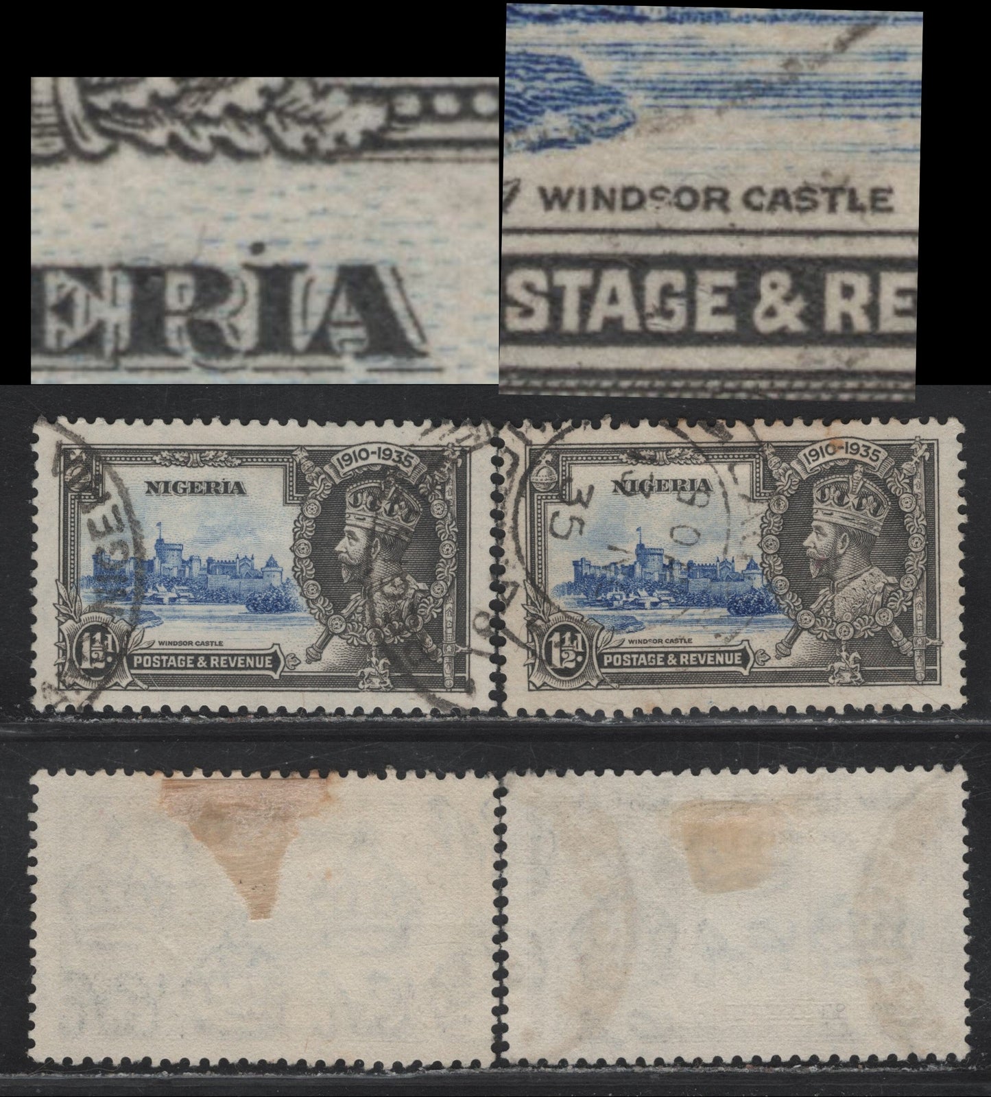 Nigeria SG#30var 1.5d Ultramarine & Gray KGV & Windsor Castle, 1935 Silver Jubilee Issue, 2 Very Fine Used Singles, Showing 2 Varieties Of The Frame Plate, Which May Eventually Prove To Be Constant