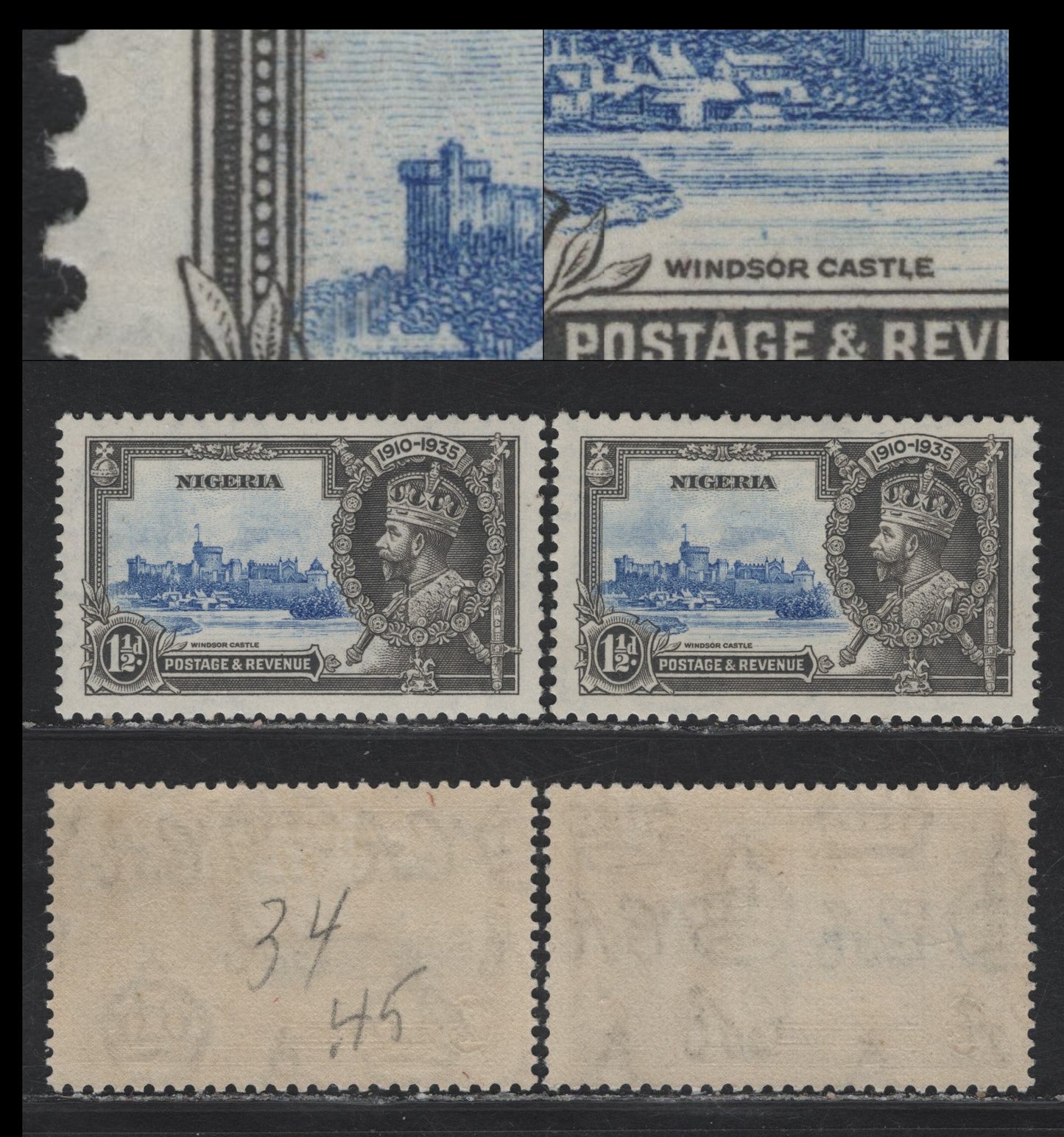Nigeria SG#30var 1.5d Ultramarine & Gray KGV & Windsor Castle, 1935 Silver Jubilee Issue, 2 VFOG Singles, Potentially ConstantVarieties Of The Vignette Plate