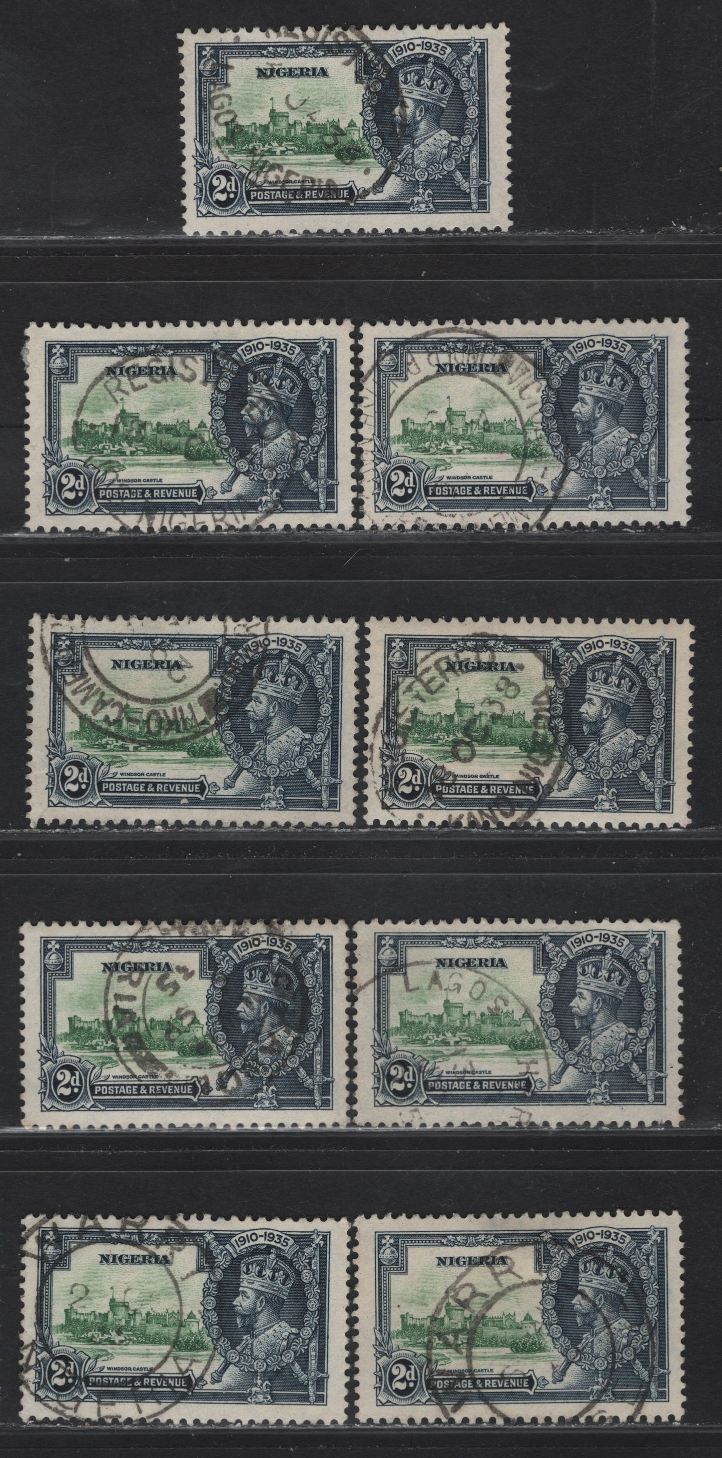 Lot 233 Nigeria SG#31 2d Green & Indigo KGV & Windsor Castle, 1935 Silver Jubilee Issue, 9 Fine/Very Fine Used Singles, Town & Village Cancels .