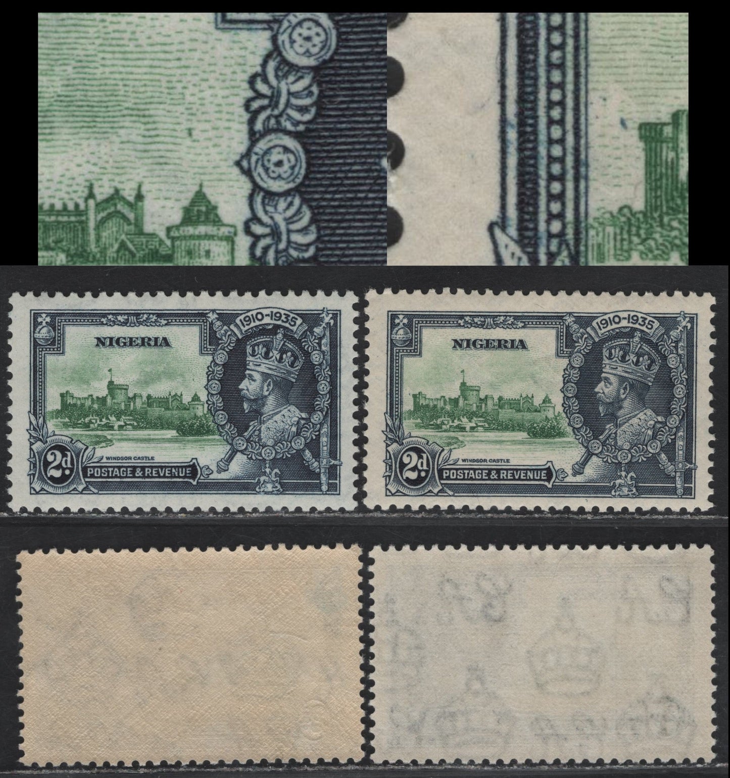 Lot 241 Nigeria SG#31var 2d Green & Indigo KGV & Windsor Castle, 1935 Silver Jubilee Issue, 2 F/VFNH Singles, Showing Two Possibly Constant Varieties Of the Vignette Plate