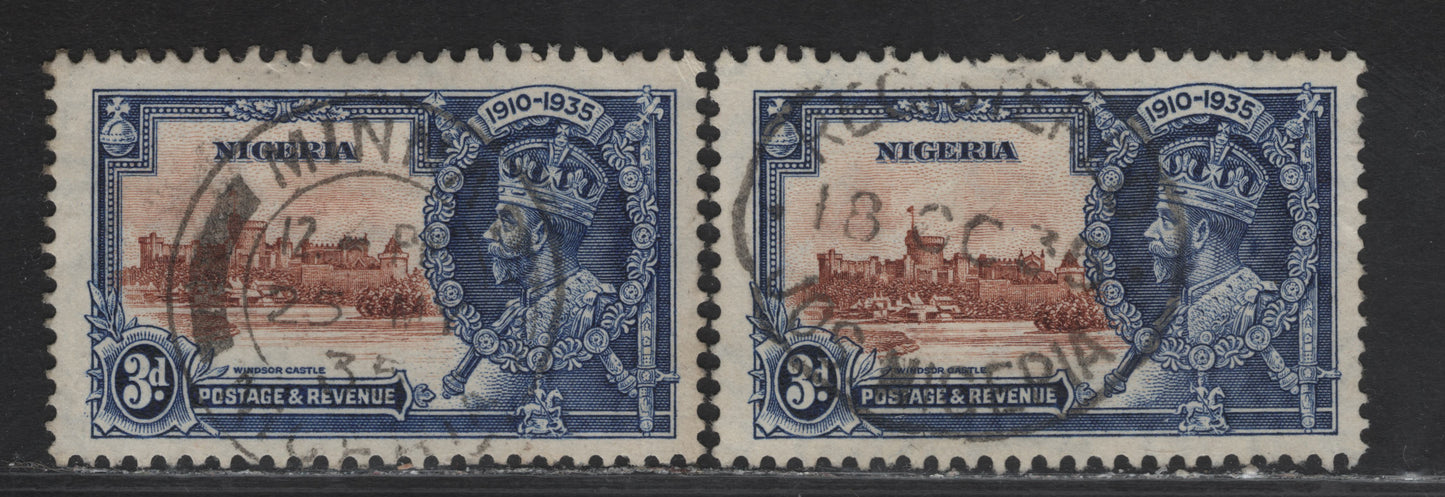 Lot 243 Nigeria SG#32 3d Orange Brown & Deep Blue KGV & Windsor Castle, 1935 Silver Jubilee Issue, 2 Very Fine Used Singles, Jos Registry & Minna CDS Cancels