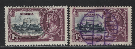 Nigeria SG#33 1/- Slate & Purple KGV & Windsor Castle, 1935 Silver Jubilee Issue, 2 Fine Used Singles, Zaria Parcel Cancel & Kadona North Registery Cancel