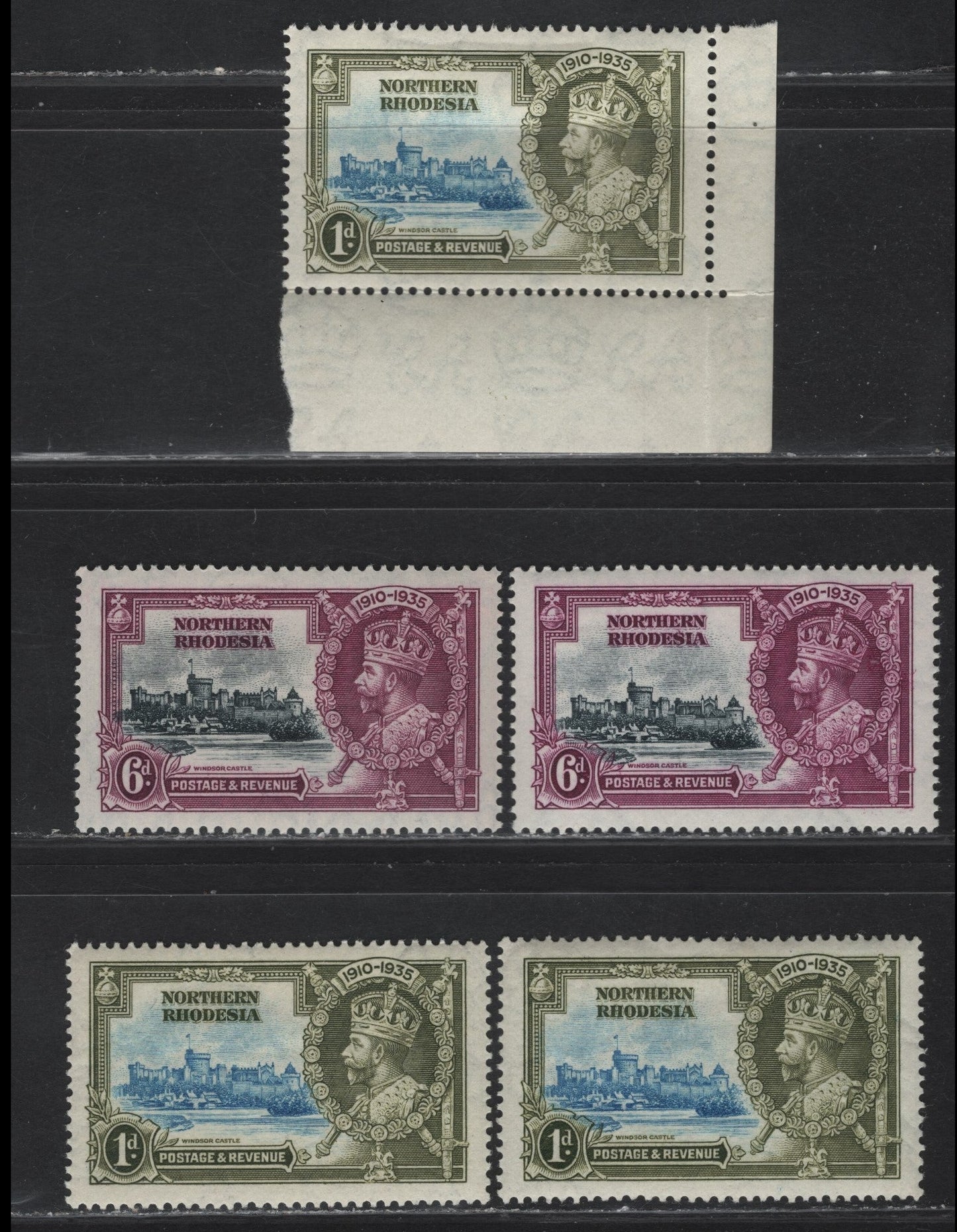Lot 259 Northern Rhodesia SG#18, 21 1d - 6d Light Blue & Olive Green - Slate & Purple KGV & Windsor Castle, 1935 Silver Jubilee Issue, 5 VFOG Singles, Shade Group, Showing The Subtle Variations In Both The Vignette & Frame Plate Shades