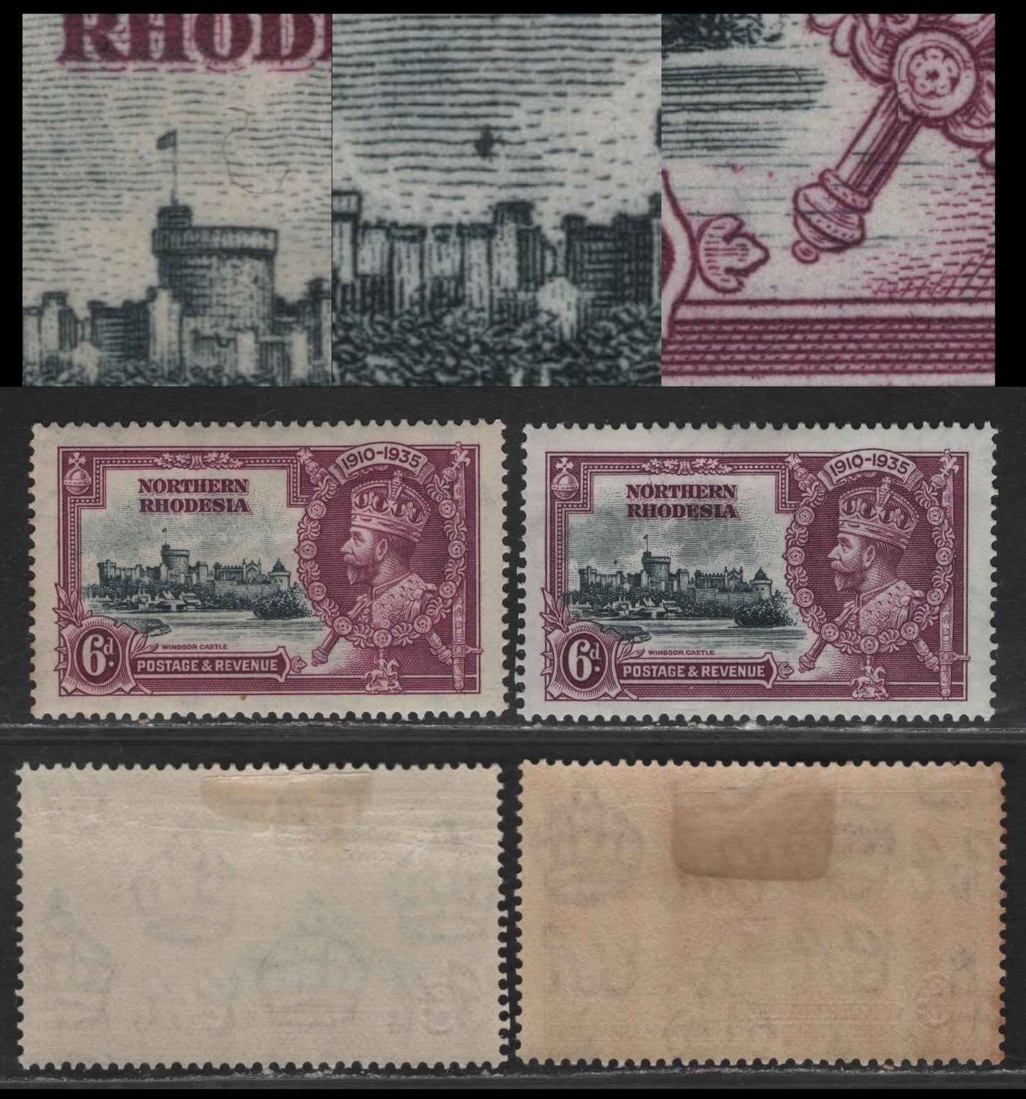 Lot 263 Northern Rhodesia SG#21 6d Slate & Purple KGV & Windsor Castle, 1935 Silver Jubilee Issue, 2 VFNH Singles, Showing Vignette Plate Varieties