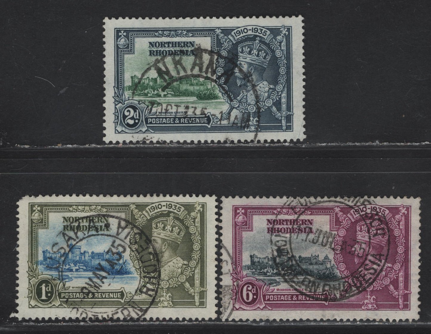 Lot 264 (C) Northern Rhodesia SG#18-19, 21 1d - 6d Light Blue & Olive Green - Slate & Purple KGV & Windsor Castle, 1935 Silver Jubilee Issue, 3 Fine/Very Fine Used Singles