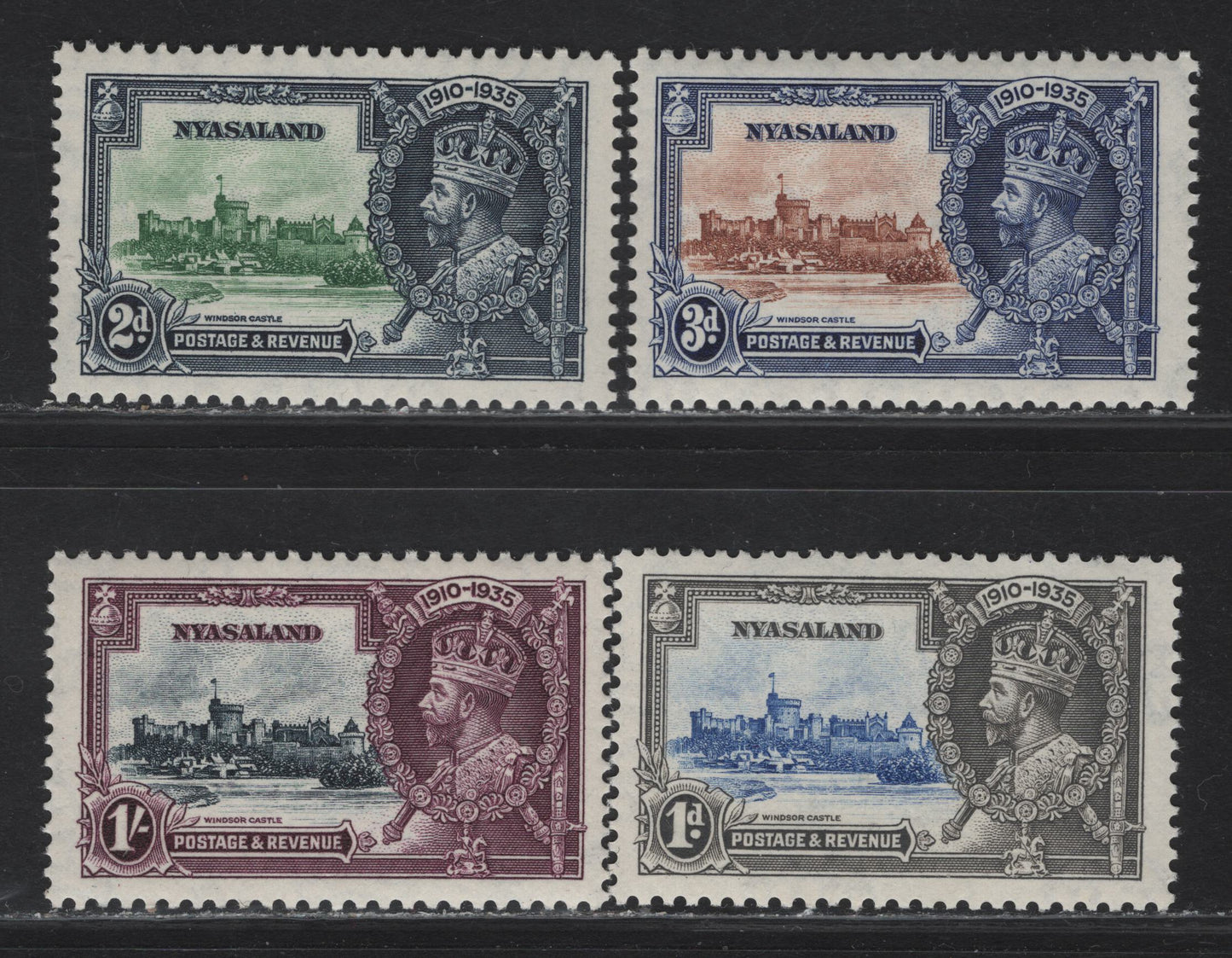 Lot 265 (C) Nyasaland SG#123-126 1d - 1/- Ultramarine & Gray - Slate & Purple KGV & Windsor Castle, 1935 Silver Jubilee Issue, 4 VFNH Singles