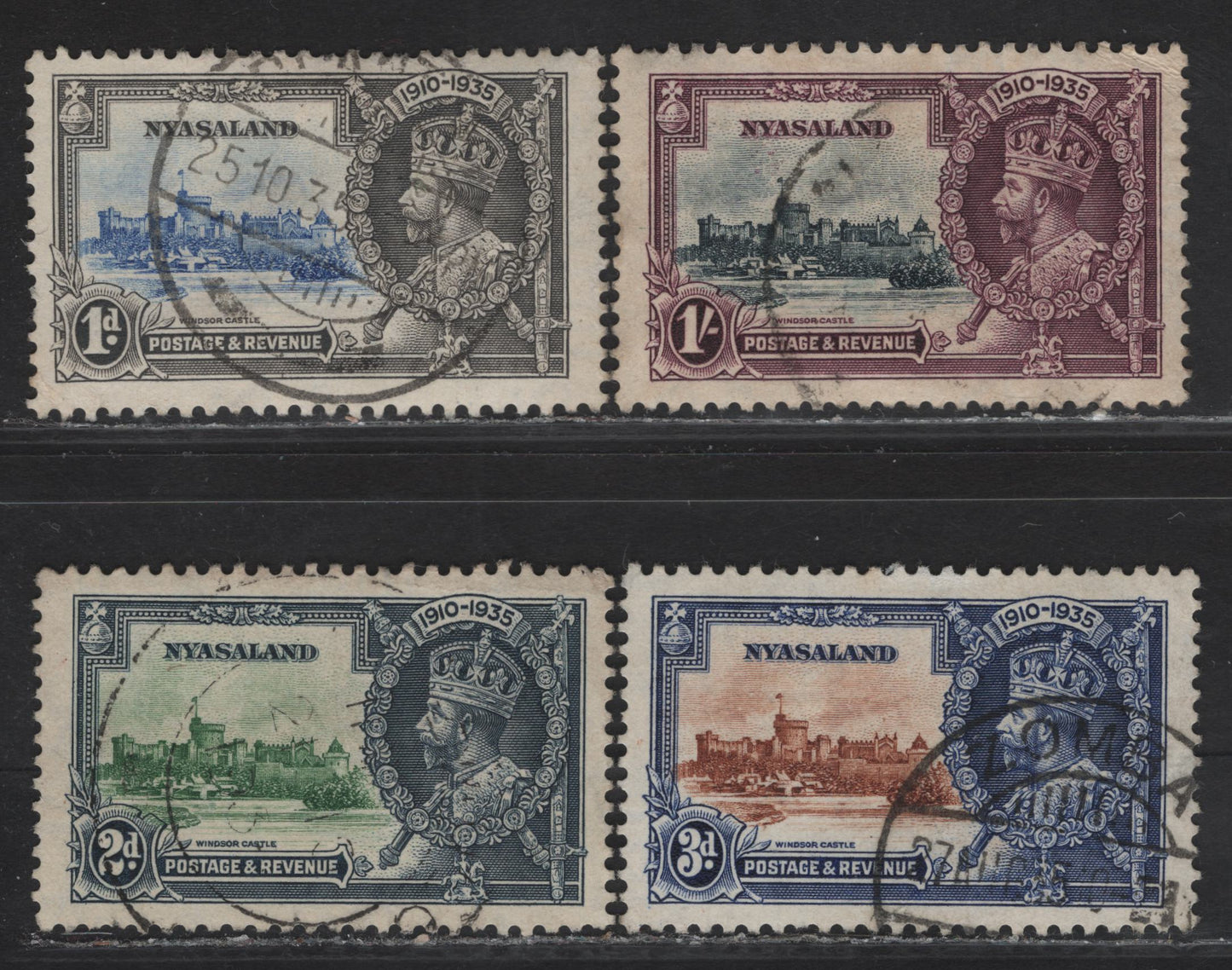 Lot 268 Nyasaland SG#123-126 1d - 1/- Ultramarine & Gray - Slate & Purple KGV & Windsor Castle, 1935 Silver Jubilee Issue, 4 Fine/Very Fine Used Singles