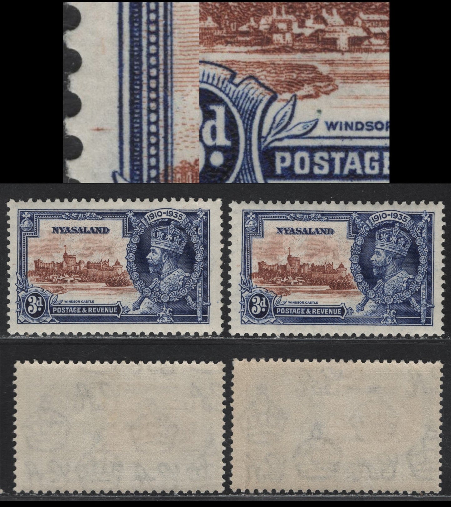 Lot 271 Nyasaland SG#125var 3d Orange Brown & Deep Blue/Deep Dull Blue KGV & Windsor Castle, 1935 Silver Jubilee Issue, 2 VFOG Singles, Showing Two Potentially Constant Plate Flaws/Re-Entries