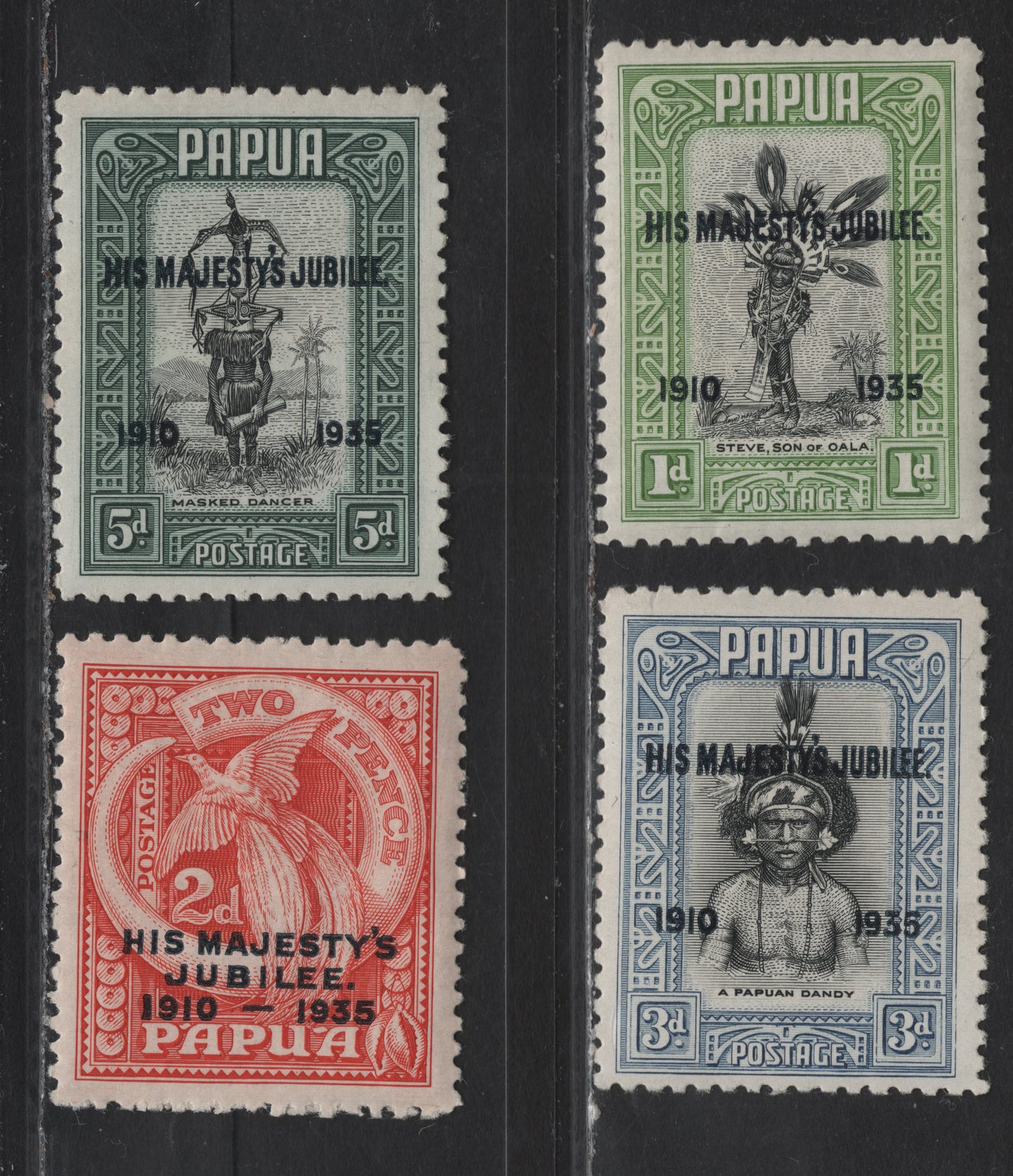 Lot 273 Papua SG#150-153 1d - 5d Black & Green - Black & Slate Green Chieftans Son - Masked Dancer, 1935 Silver Jubilee Issue, 4 VFNH Singles