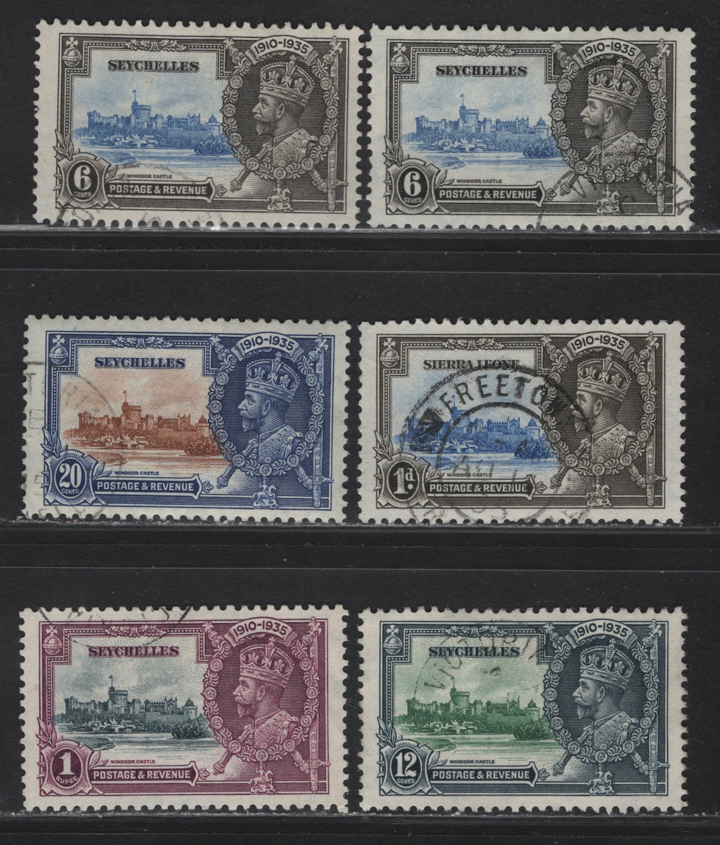 Lot 279 Seychelles SG#128-131 6c - 1r Ultramarine & Gray Black - Slate & Purple KGV & Windsor Castle, 1935 Silver Jubilee Issue, 6 Very Fine Used Singles, Two Extra Shades Of 6c