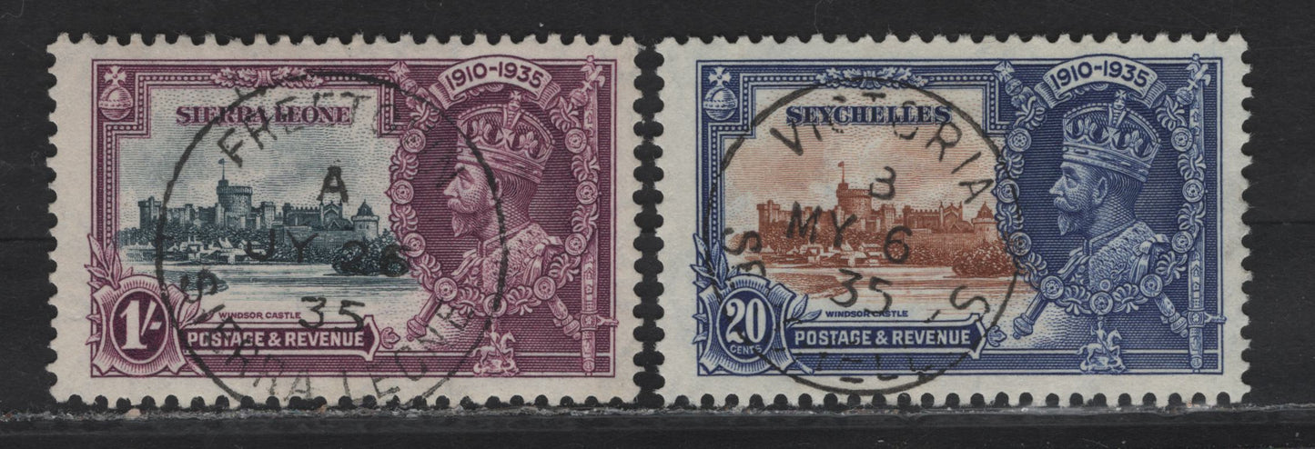 Seychelles SG#130-131 20c - 1r Yellow Brown & Deep Blue - Slate & Purple KGV & Windsor Castle, 1935 Silver Jubilee Issue, 2 Very Fine Used Singles, SON Used Examples With Victoria & Freetown CDS Cancels