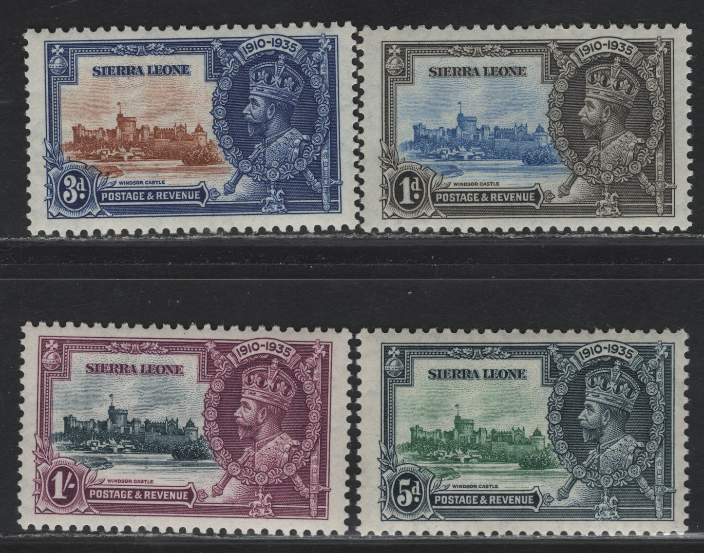 Lot 283 Sierra Leone SG#181-184 1d - 1/- Ultramarine & Gray Black - Slate & Purple KGV & Windsor Castle, 1935 Silver Jubilee Issue, 4 VFNH Singles, Basic NH Set