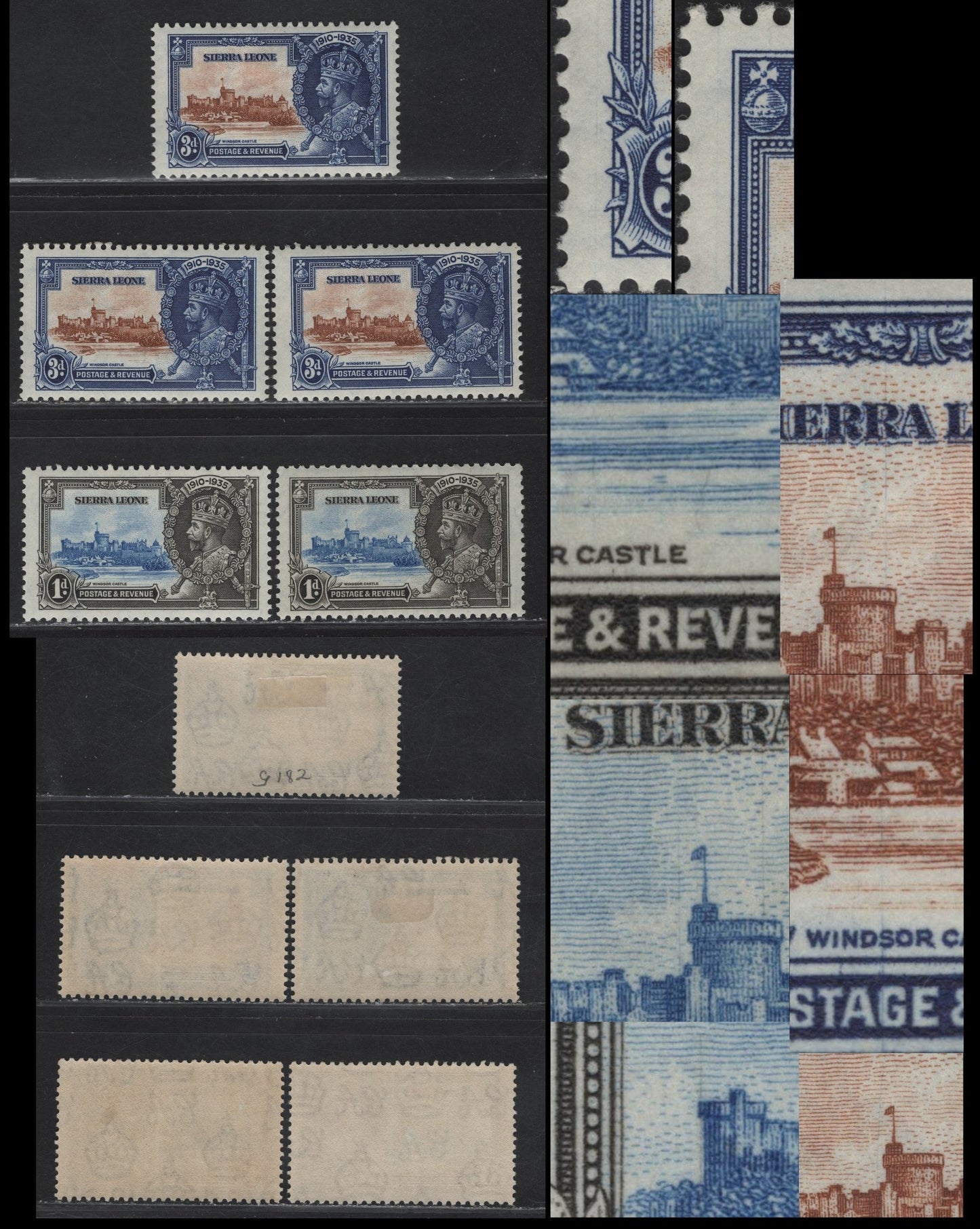 Lot 289 Sierra Leone SG#181-182var 1d - 2d Ultramarine & Gray Black - Yellow Brown & Deep Bright Blue KGV & Windsor Castle, 1935 Silver Jubilee Issue, 5 VFOG/NH Singles, Various Hairline Cracked Plate Varieties, Showing Hairlines In Various Locations
