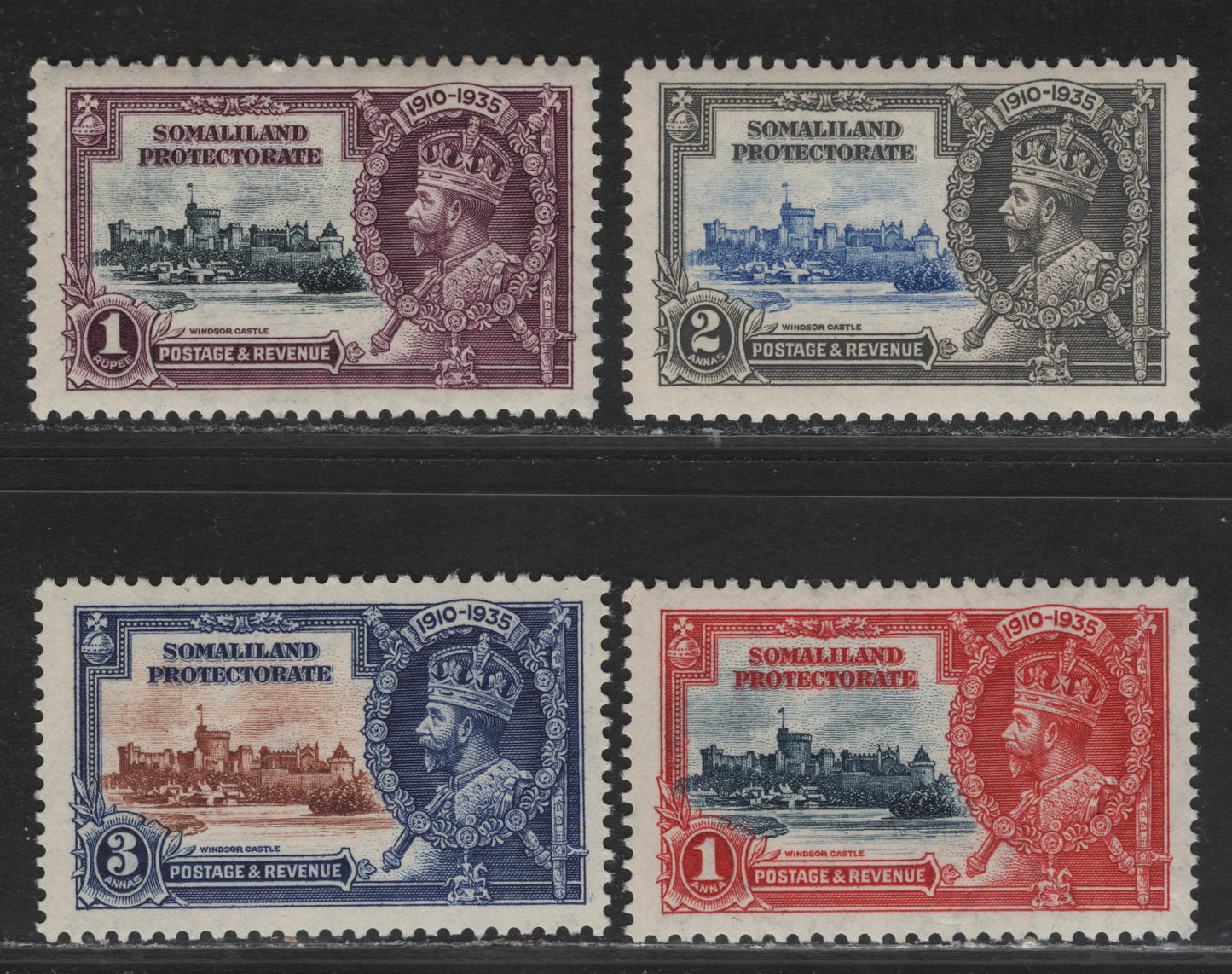 Lot 295 (C) Somaliland Protectorate SG#86-89 1a - 1r Deep Blue & Scarlet - Slate & Purple KGV & Windsor Castle, 1935 Silver Jubilee Issue, 4 VFNH Singles