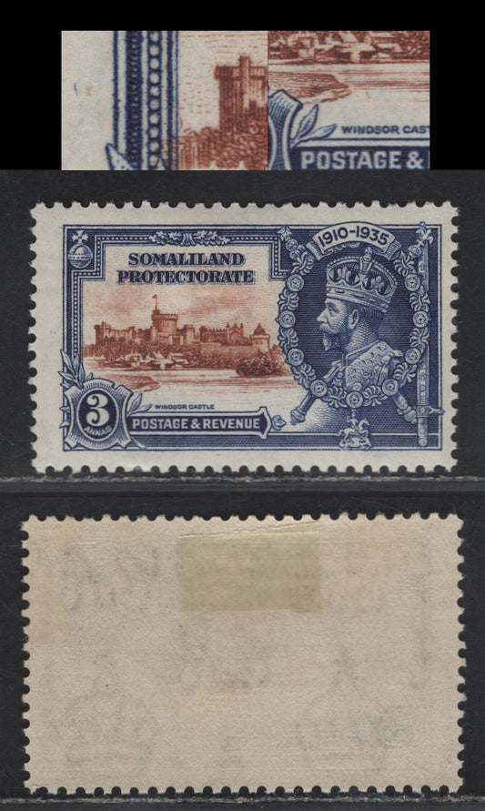 Lot 300 Somaliland Protectorate SG#88k 3a Orange Brown & Deep Blue KGV & Windsor Castle, 1935 Silver Jubilee Issue, A FOG Single, Kite & Vertical Log From Plate 2A R10/6