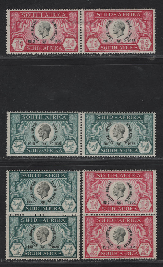 Lot 304 South Africa (C) SG#65, 66 1/2d - 1d Black & Blue Green - Black & Carmine King George V, 1935 Silver Jubilee Issue, 4 VFOG Pairs, Horizontal & Vertical Pairs