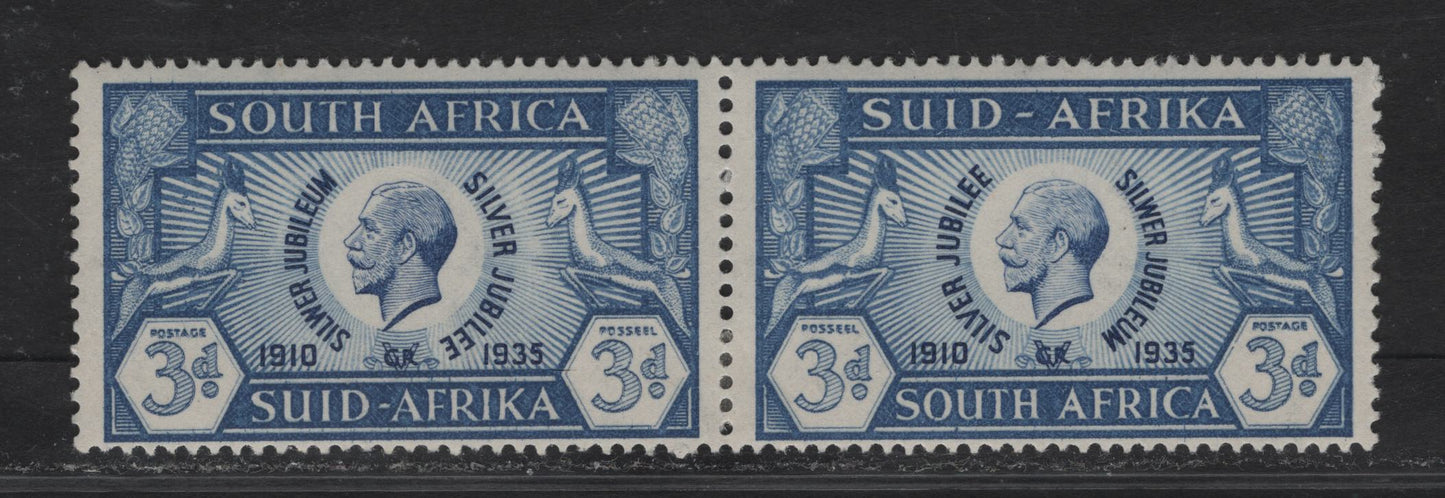 Lot 306 South Africa (C) SG#67 3d Blue King George V, 1935 Silver Jubilee Issue, A VFOG Pair, Showing Frame Breaks In Right Value Tablet of Both Stamps
